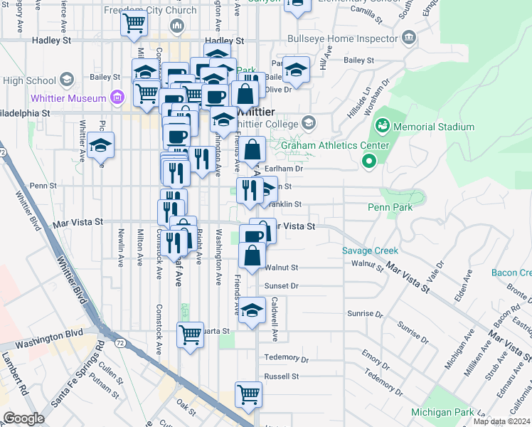 map of restaurants, bars, coffee shops, grocery stores, and more near 13467 Mar Vista Street in Whittier
