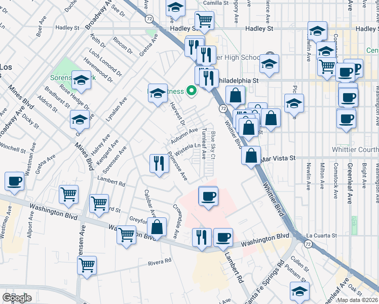 map of restaurants, bars, coffee shops, grocery stores, and more near 7316 Wisteria Lane in Whittier