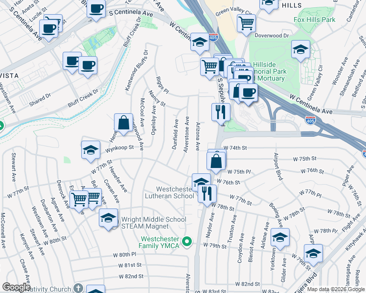 map of restaurants, bars, coffee shops, grocery stores, and more near 7419 Alverstone Avenue in Los Angeles