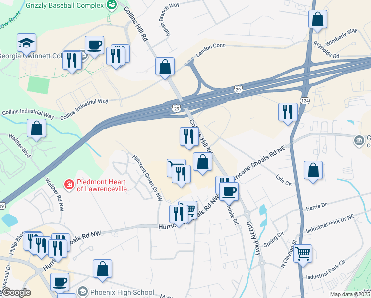 map of restaurants, bars, coffee shops, grocery stores, and more near 742 Collins Hill Road in Lawrenceville