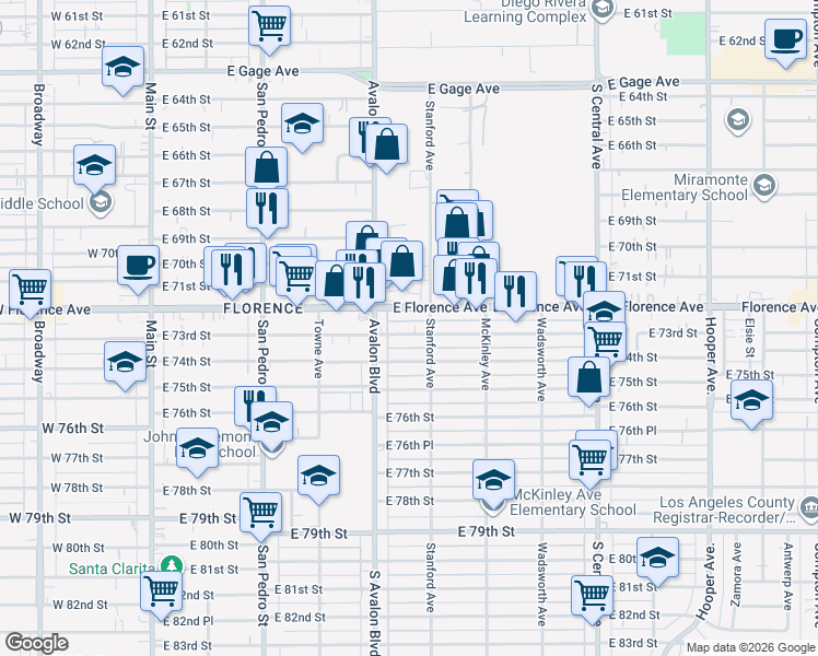 map of restaurants, bars, coffee shops, grocery stores, and more near 633 East 73rd Street in Los Angeles