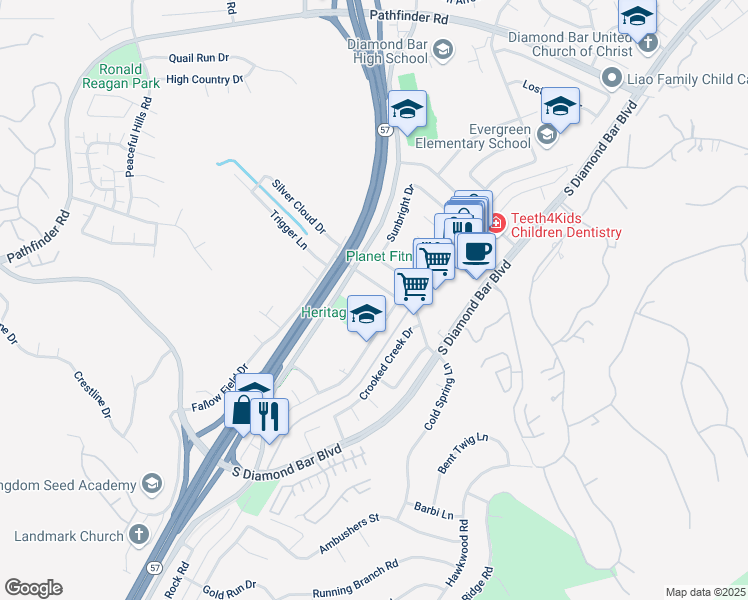 map of restaurants, bars, coffee shops, grocery stores, and more near 2917 Castlerock Road in Diamond Bar