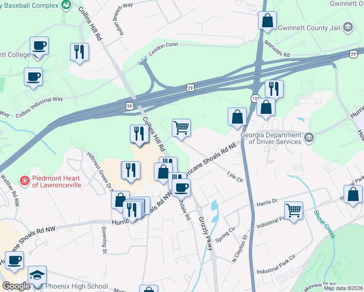 map of restaurants, bars, coffee shops, grocery stores, and more near 651 Collins Hill Road in Lawrenceville