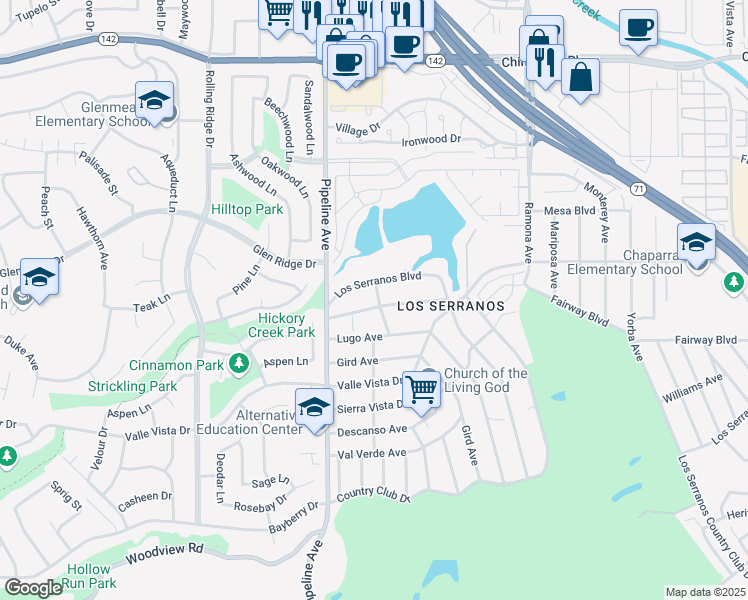 map of restaurants, bars, coffee shops, grocery stores, and more near 4198 El Molino Boulevard in Chino