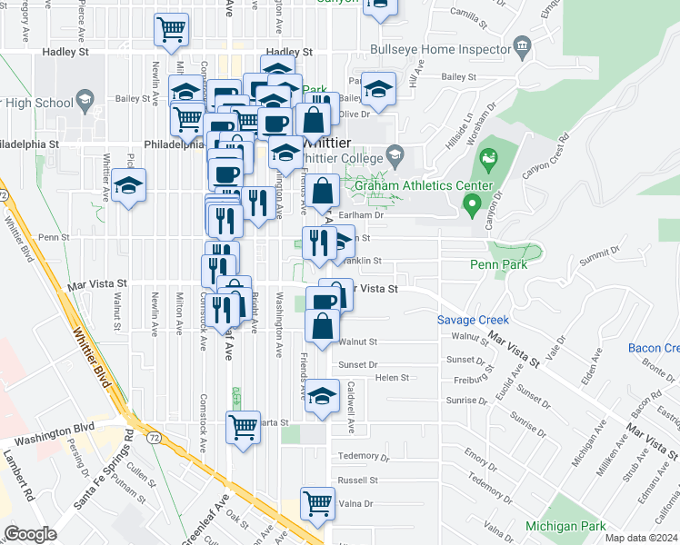 map of restaurants, bars, coffee shops, grocery stores, and more near 7346 Painter Avenue in Whittier