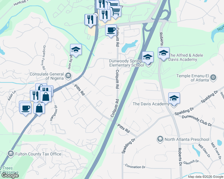 map of restaurants, bars, coffee shops, grocery stores, and more near 580 Tahoma Drive Northeast in Atlanta