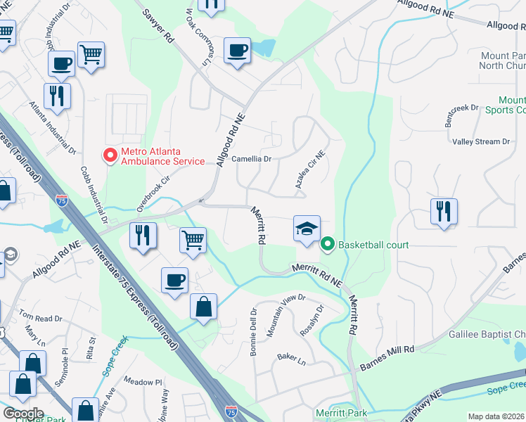 map of restaurants, bars, coffee shops, grocery stores, and more near 1070 Merritt Road in Marietta