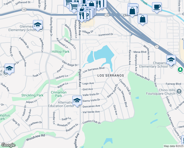 map of restaurants, bars, coffee shops, grocery stores, and more near 4198 El Molino Boulevard in Chino