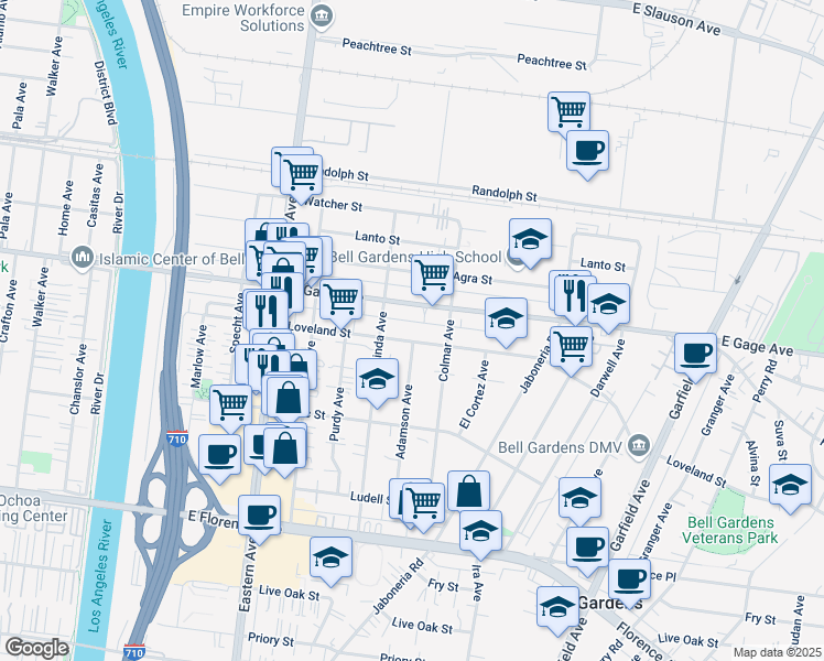 map of restaurants, bars, coffee shops, grocery stores, and more near 5933 Loveland Street in Bell Gardens