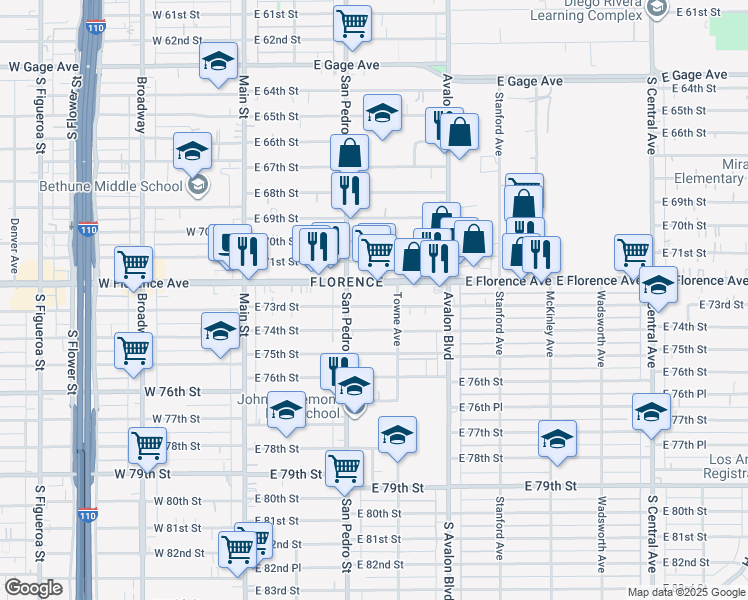 map of restaurants, bars, coffee shops, grocery stores, and more near 314 East 73rd Street in Los Angeles