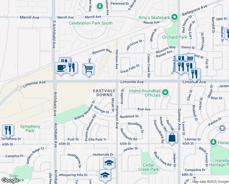 map of restaurants, bars, coffee shops, grocery stores, and more near 6262 Micah Street in Corona