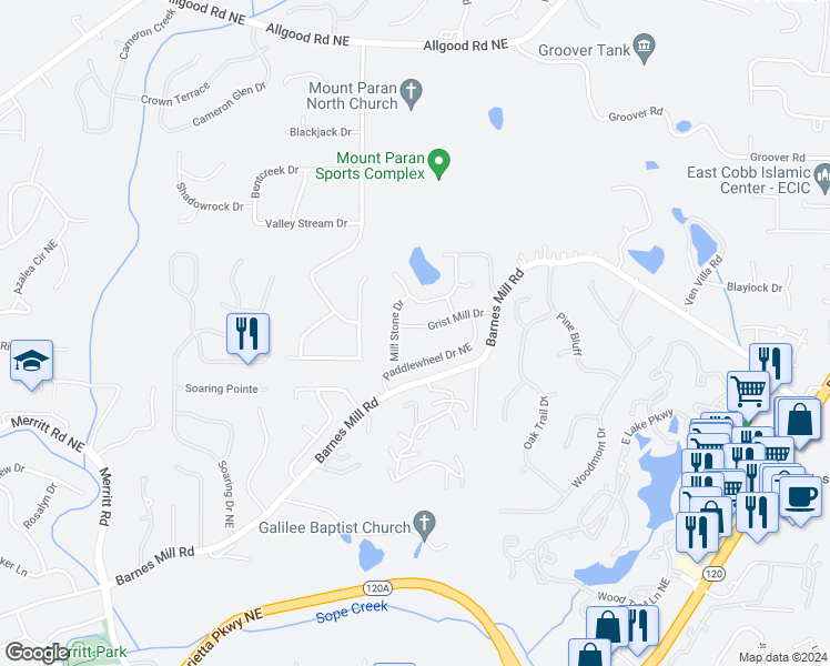 map of restaurants, bars, coffee shops, grocery stores, and more near 1656 Grist Mill Drive in Marietta
