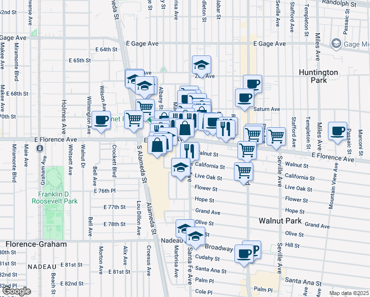 map of restaurants, bars, coffee shops, grocery stores, and more near 7300 Santa Fe Avenue in Huntington Park