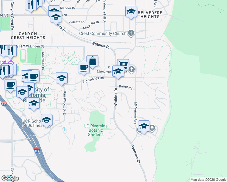 map of restaurants, bars, coffee shops, grocery stores, and more near 245 West Broadbent Drive in Riverside