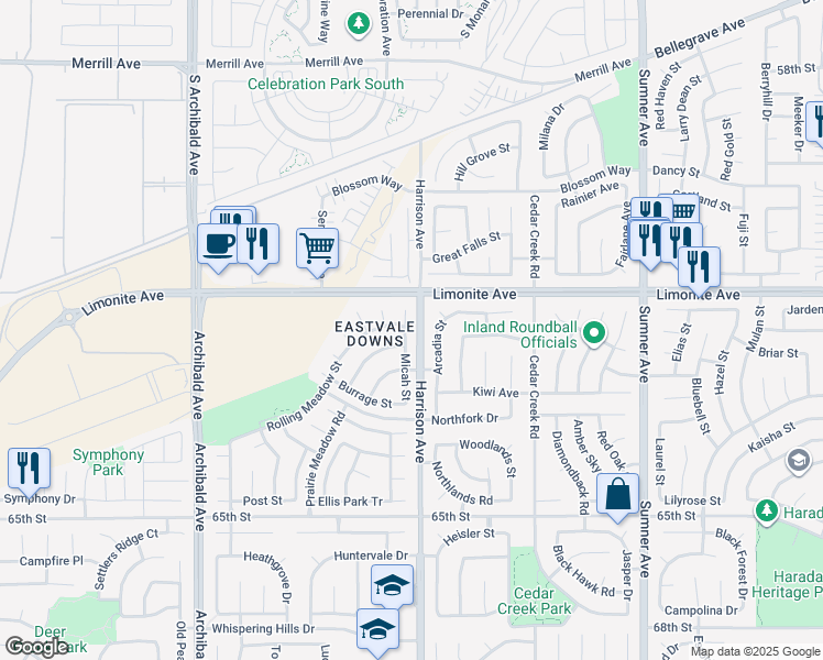 map of restaurants, bars, coffee shops, grocery stores, and more near 6262 Micah Street in Corona