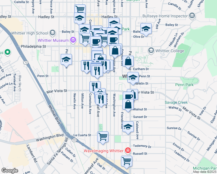 map of restaurants, bars, coffee shops, grocery stores, and more near 7607 Bright Avenue in Whittier