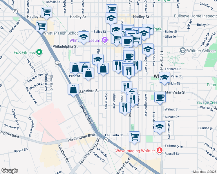 map of restaurants, bars, coffee shops, grocery stores, and more near in Whittier