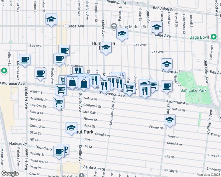 map of restaurants, bars, coffee shops, grocery stores, and more near 2864 Florence Avenue in Huntington Park
