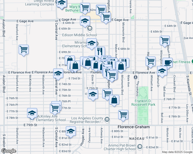 map of restaurants, bars, coffee shops, grocery stores, and more near 1409 East 74th Street in Los Angeles