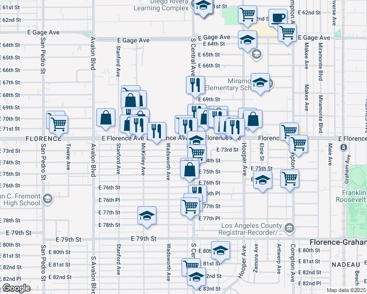 map of restaurants, bars, coffee shops, grocery stores, and more near 1018 East 73rd Street in Los Angeles