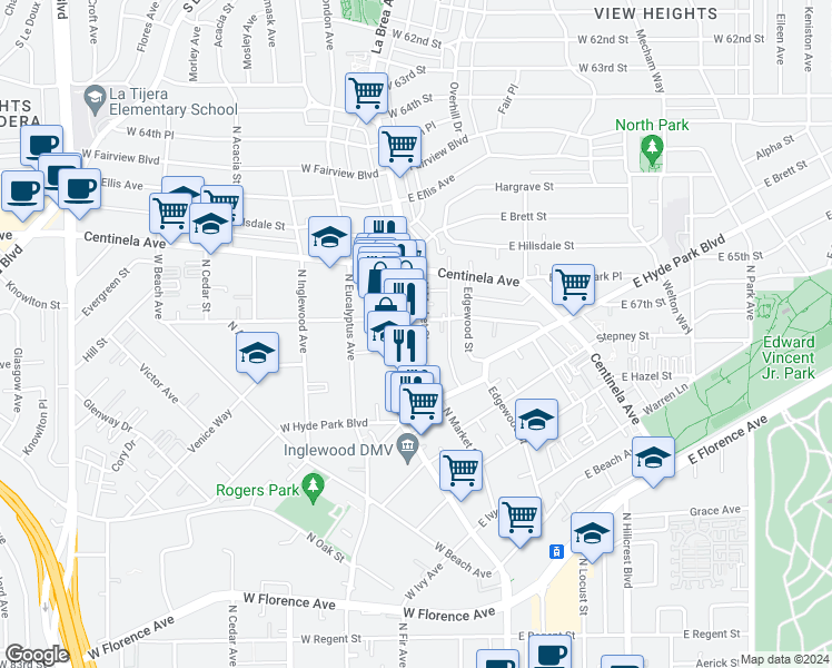 map of restaurants, bars, coffee shops, grocery stores, and more near 806 North La Brea Avenue in Inglewood