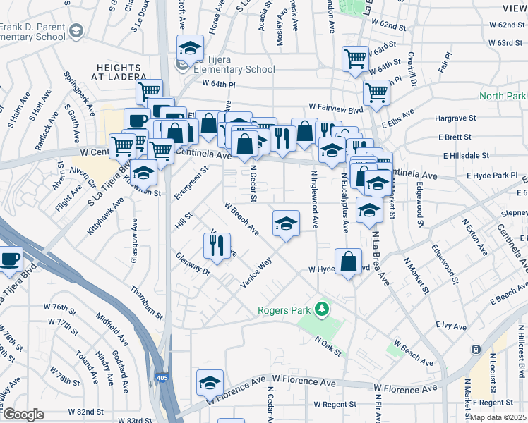 map of restaurants, bars, coffee shops, grocery stores, and more near 849 West Beach Avenue in Inglewood