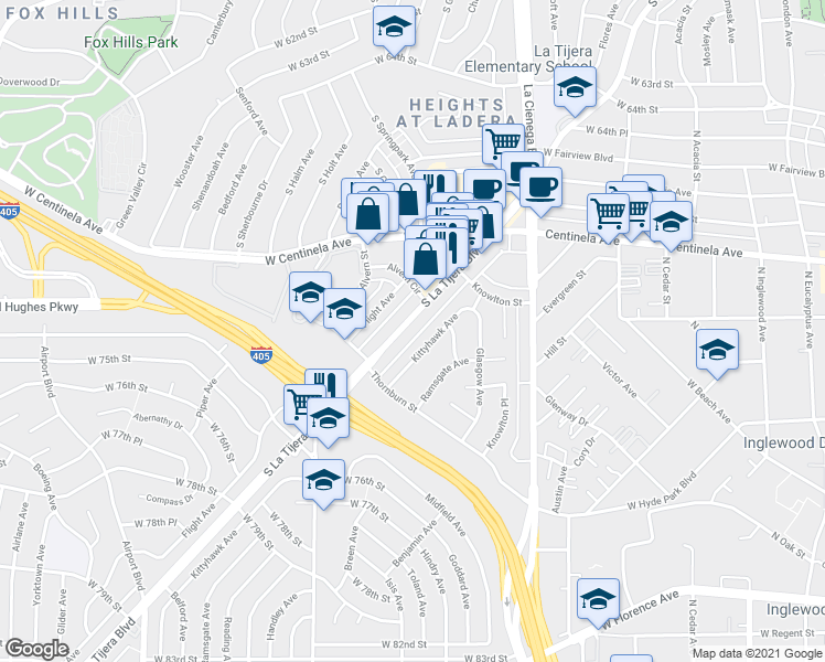map of restaurants, bars, coffee shops, grocery stores, and more near 7110 La Tijera Boulevard in Los Angeles