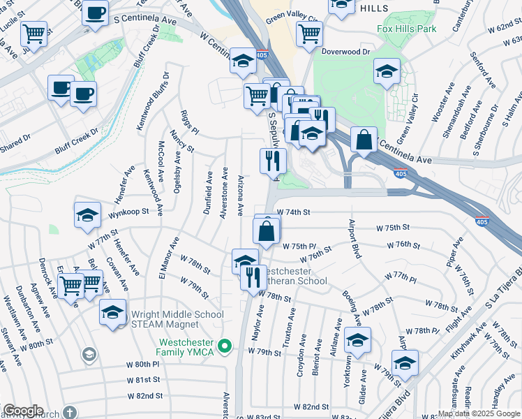 map of restaurants, bars, coffee shops, grocery stores, and more near 7423 South Sepulveda Boulevard in Los Angeles
