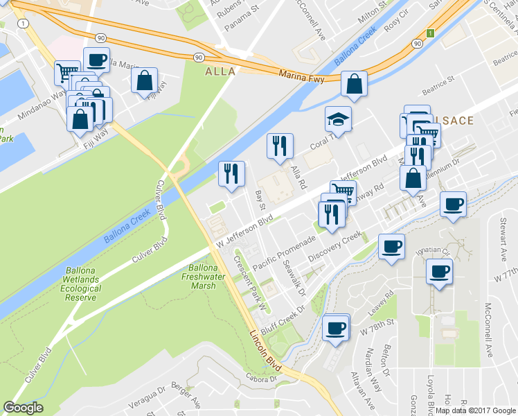 map of restaurants, bars, coffee shops, grocery stores, and more near 5555 Playa Vista Drive in Los Angeles
