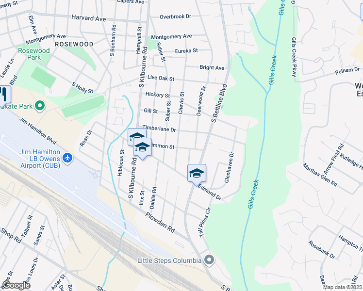 map of restaurants, bars, coffee shops, grocery stores, and more near 1311 Chevis Street in Columbia