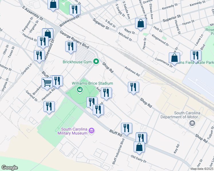 map of restaurants, bars, coffee shops, grocery stores, and more near 185 Key Road in Columbia