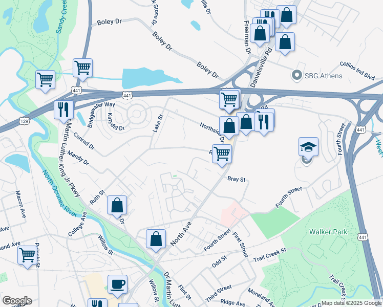 map of restaurants, bars, coffee shops, grocery stores, and more near 160 Wynter Court in Athens