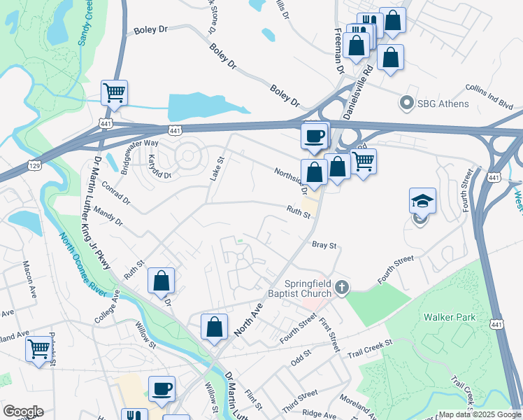 map of restaurants, bars, coffee shops, grocery stores, and more near 160 Wynter Court in Athens