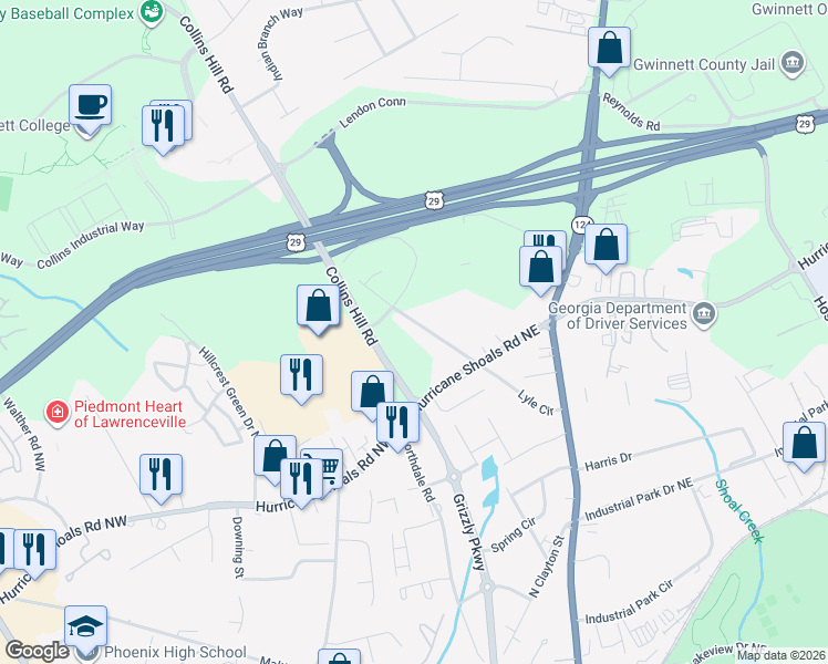 map of restaurants, bars, coffee shops, grocery stores, and more near 651 Collins Hill Road in Lawrenceville