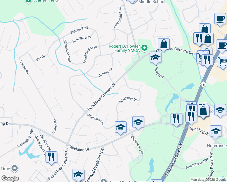 map of restaurants, bars, coffee shops, grocery stores, and more near 5673 Bloomingdale Court Northwest in Norcross