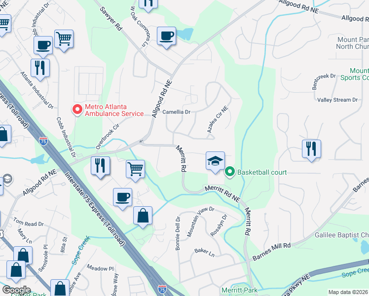 map of restaurants, bars, coffee shops, grocery stores, and more near 1070 Merritt Road in Marietta
