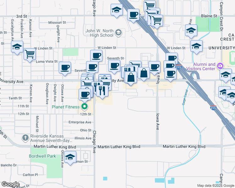 map of restaurants, bars, coffee shops, grocery stores, and more near 3939 Cranford Avenue in Riverside