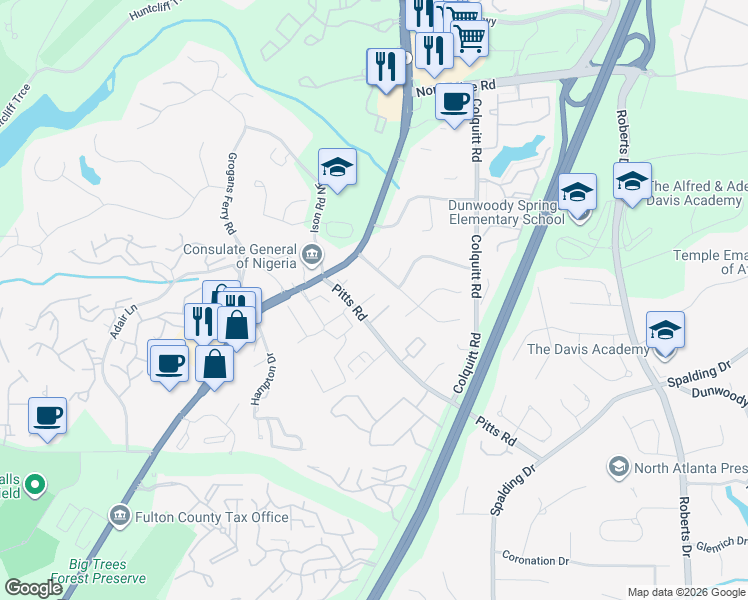 map of restaurants, bars, coffee shops, grocery stores, and more near 325 Amador Circle Northeast in Atlanta