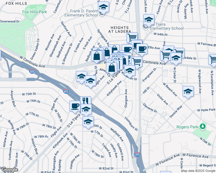 map of restaurants, bars, coffee shops, grocery stores, and more near 7036 La Tijera Boulevard in Los Angeles