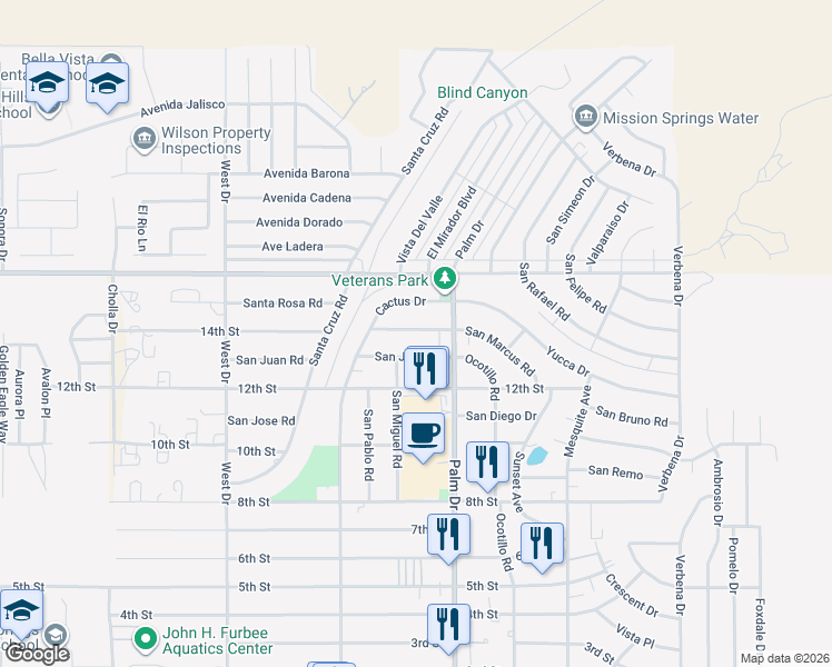 map of restaurants, bars, coffee shops, grocery stores, and more near 66423 San Marcus Road in Desert Hot Springs