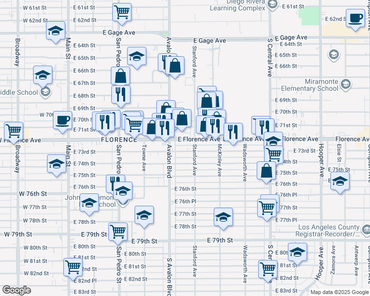 map of restaurants, bars, coffee shops, grocery stores, and more near 633 East 73rd Street in Los Angeles