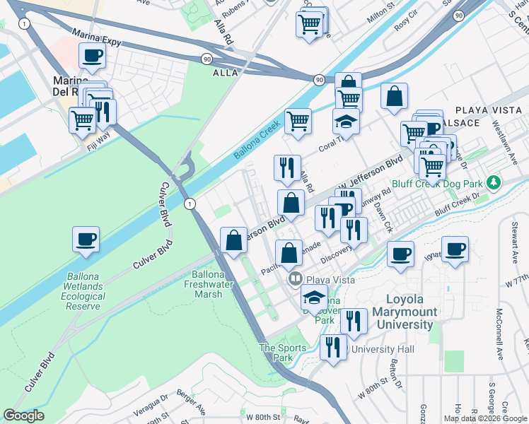 map of restaurants, bars, coffee shops, grocery stores, and more near 5400 Playa Vista Drive in Los Angeles