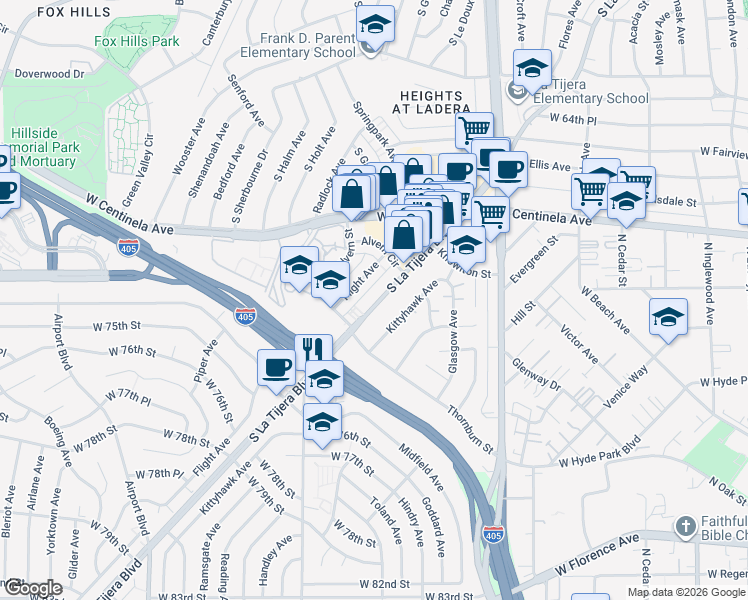 map of restaurants, bars, coffee shops, grocery stores, and more near in Los Angeles County