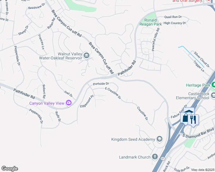 map of restaurants, bars, coffee shops, grocery stores, and more near 20353 East Crestline Drive in Walnut