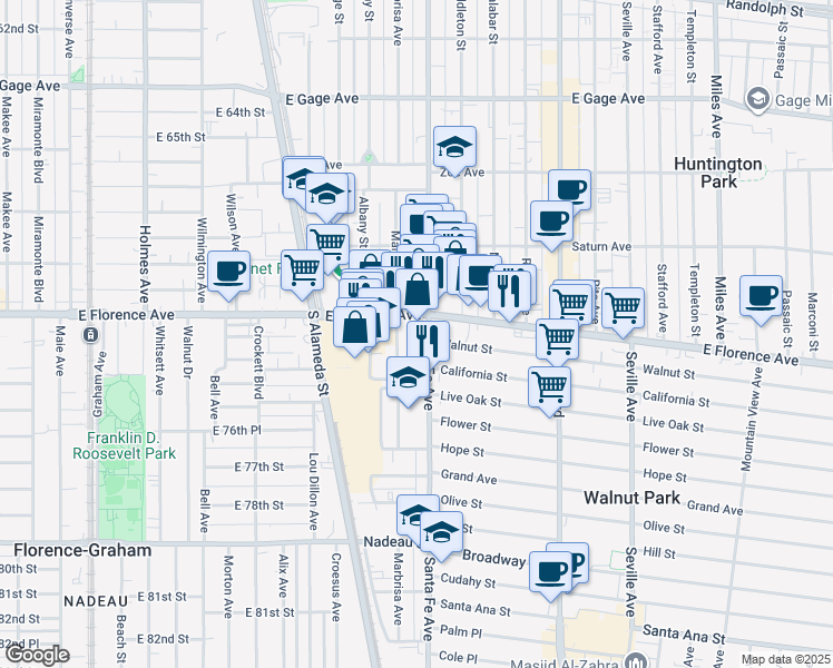 map of restaurants, bars, coffee shops, grocery stores, and more near 7300 Santa Fe Avenue in Huntington Park