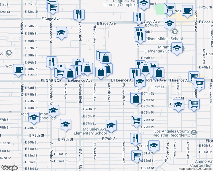 map of restaurants, bars, coffee shops, grocery stores, and more near 751 East 73rd Street in Los Angeles