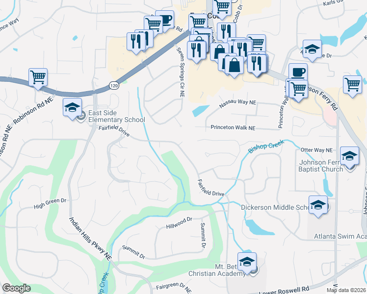 map of restaurants, bars, coffee shops, grocery stores, and more near 1002 Fairfield Drive in Marietta