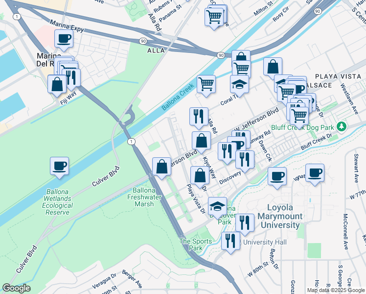 map of restaurants, bars, coffee shops, grocery stores, and more near 5400 Playa Vista Drive in Los Angeles