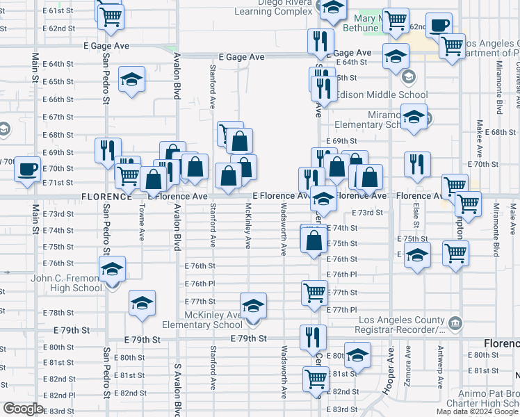 map of restaurants, bars, coffee shops, grocery stores, and more near 819 East 73rd Street in Los Angeles