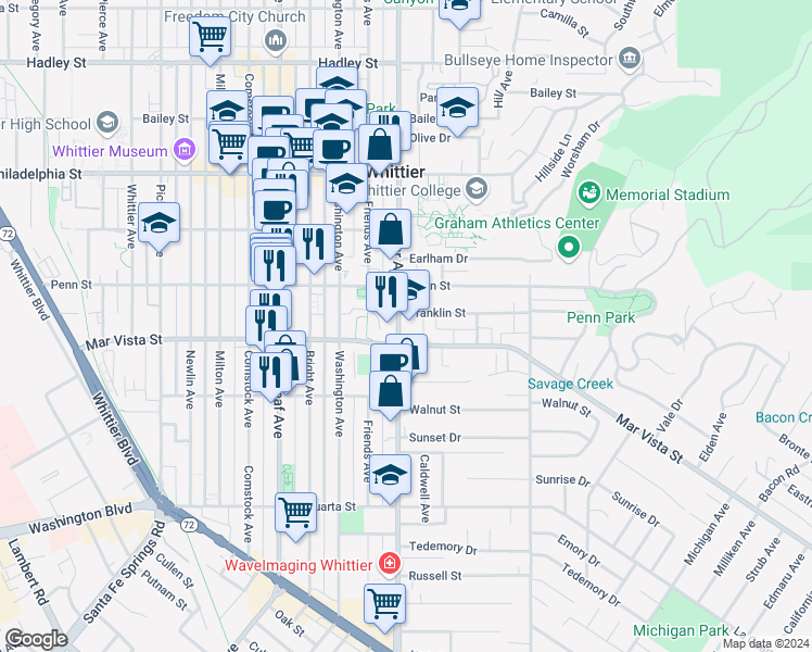 map of restaurants, bars, coffee shops, grocery stores, and more near 7346 Painter Avenue in Whittier